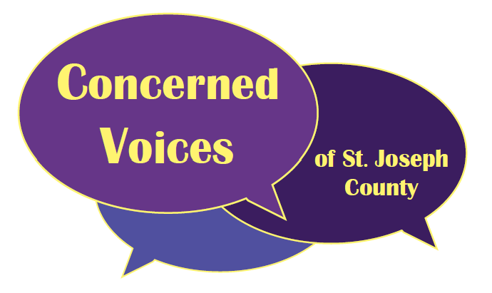 A logo for an organization called "Concerned Voices of St. Joseph County." The logo features three overlapping speech bubbles. The largest, on the left, is purple with a yellow outline and contains the words "Concerned Voices" in yellow text. The second, on the right, is a darker violet with a yellow outline and contains the words "of St. Joseph County" in yellow text. A smaller speech bubble in a different shade of purple is visible at the bottom, peeking out from behind the other two.